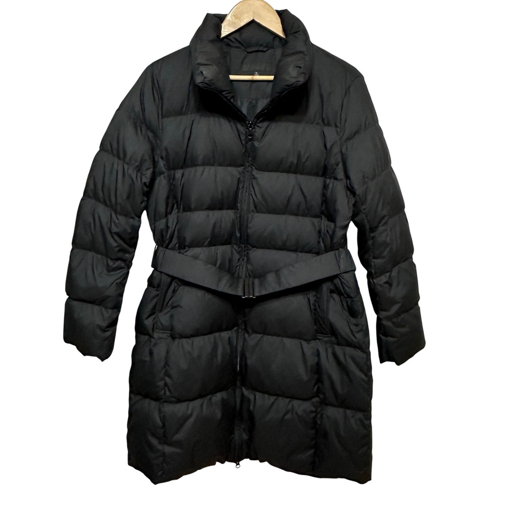 Uniqlo Down Puffer Jacket Women XL Black Belted 3/4 Parka Coat Winter Travel